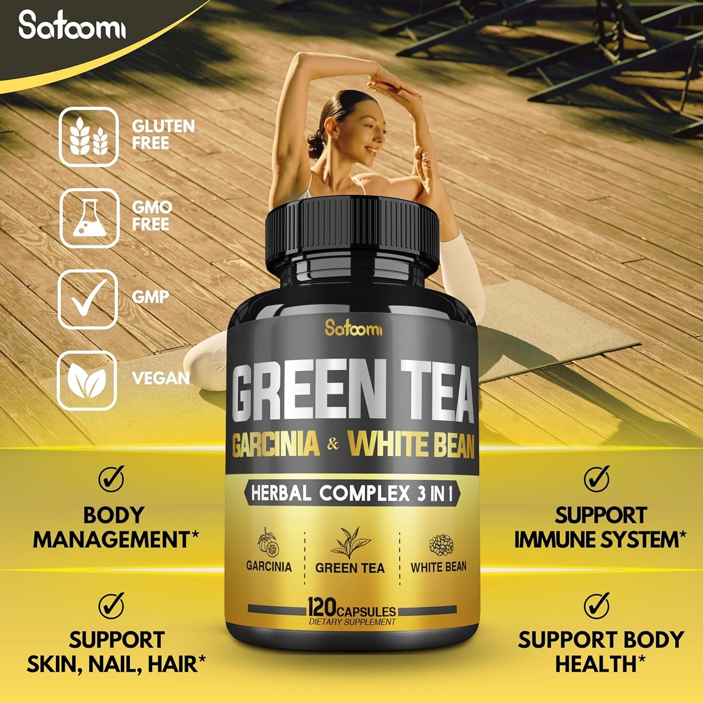 Satoomi Green Tea Extract Pills with Garcinia Cambogia & White Kidney Bean - 120 Capsules for Body Balance & Immune Health