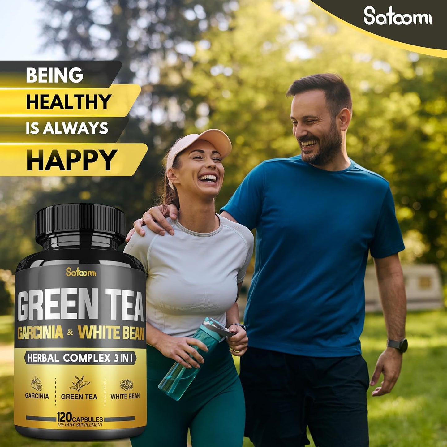Satoomi Green Tea Extract Pills with Garcinia Cambogia & White Kidney Bean - 120 Capsules for Body Balance & Immune Health