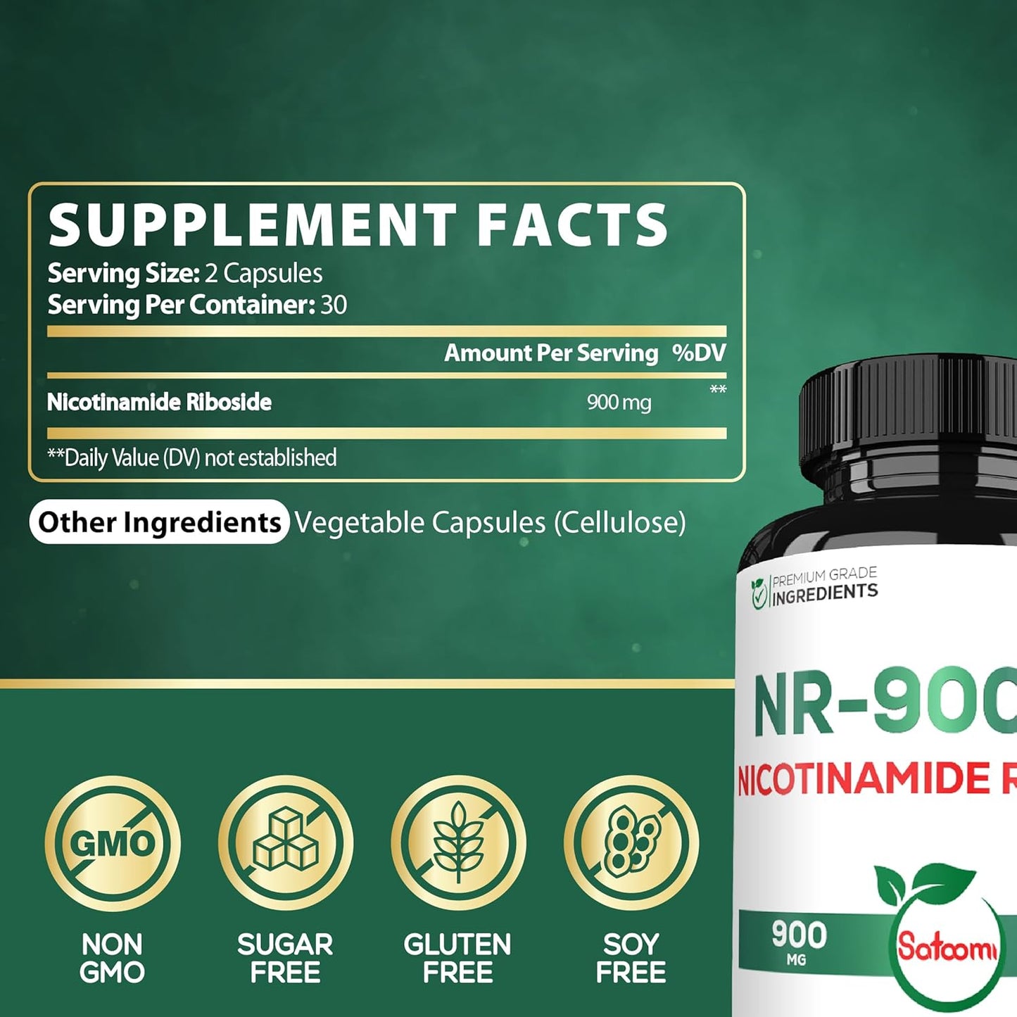 Satoomi NAD+ Supplement: 900mg NR for Cellular Energy, Repair, Vitality, & Healthy Aging - 60 Capsules