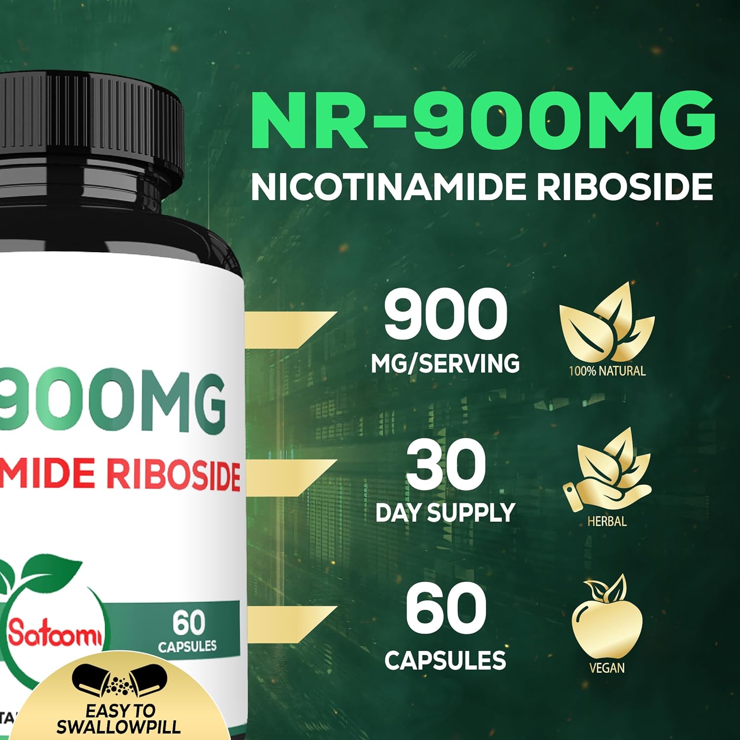 Satoomi NAD+ Supplement: 900mg NR for Cellular Energy, Repair, Vitality, & Healthy Aging - 60 Capsules