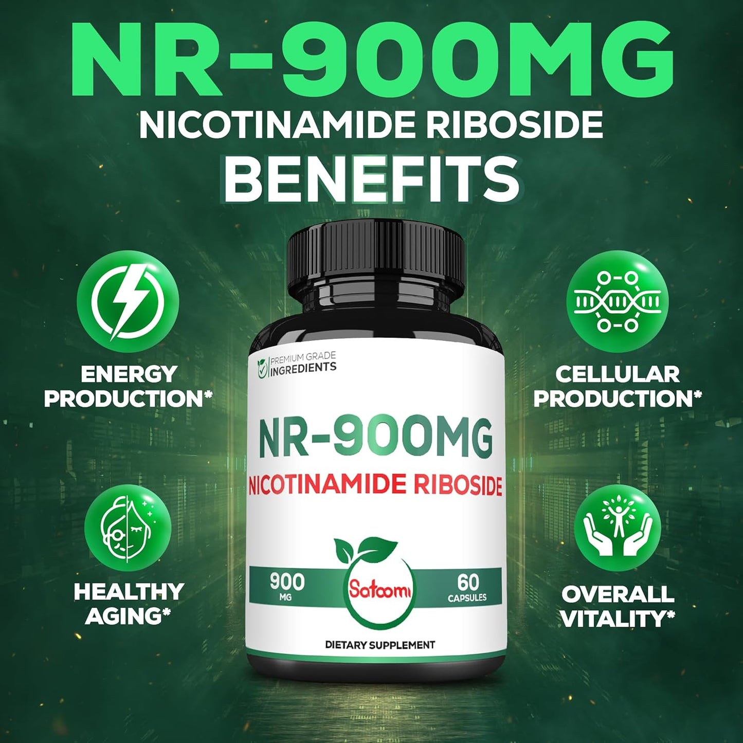 Satoomi NAD+ Supplement: 900mg NR for Cellular Energy, Repair, Vitality, & Healthy Aging - 60 Capsules