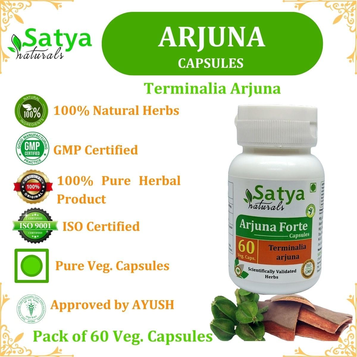 Satya Naturals Arjuna Forte Capsules 500 mg - Ayurvedic Herbal Supplement for Men and Women - 60 Veg Capsules (1 Bottle)