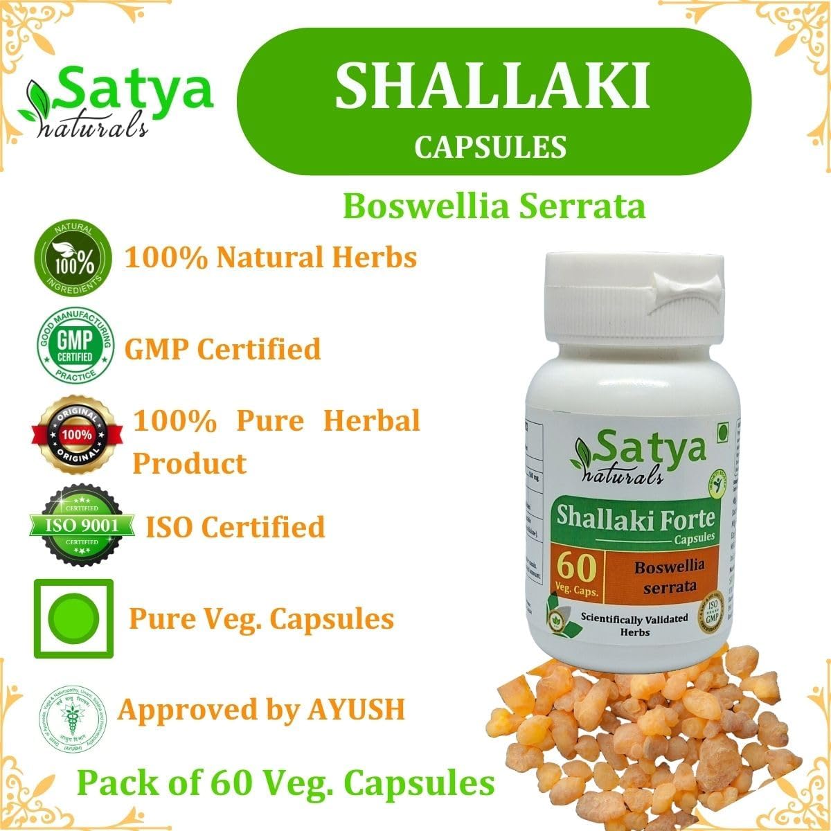 Satya Naturals Shallaki Forte Capsules 500mg - 2 Bottles of 60 Capsules - Ayurvedic Boswellia Serrata Extract for Men and Women