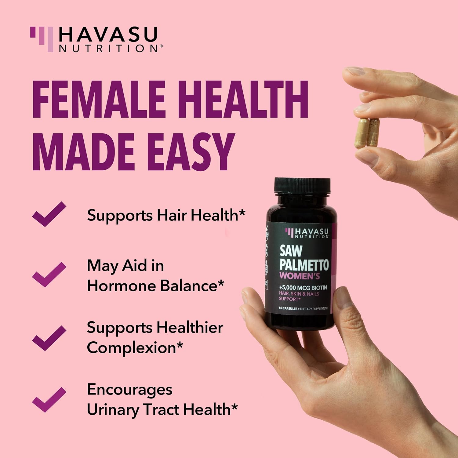 Saw Palmetto and Biotin Supplement for Women - DHT Blocker for Hair, Skin, and Nails - Vegan, Non-GMO - 60 Count - 1 Month Supply