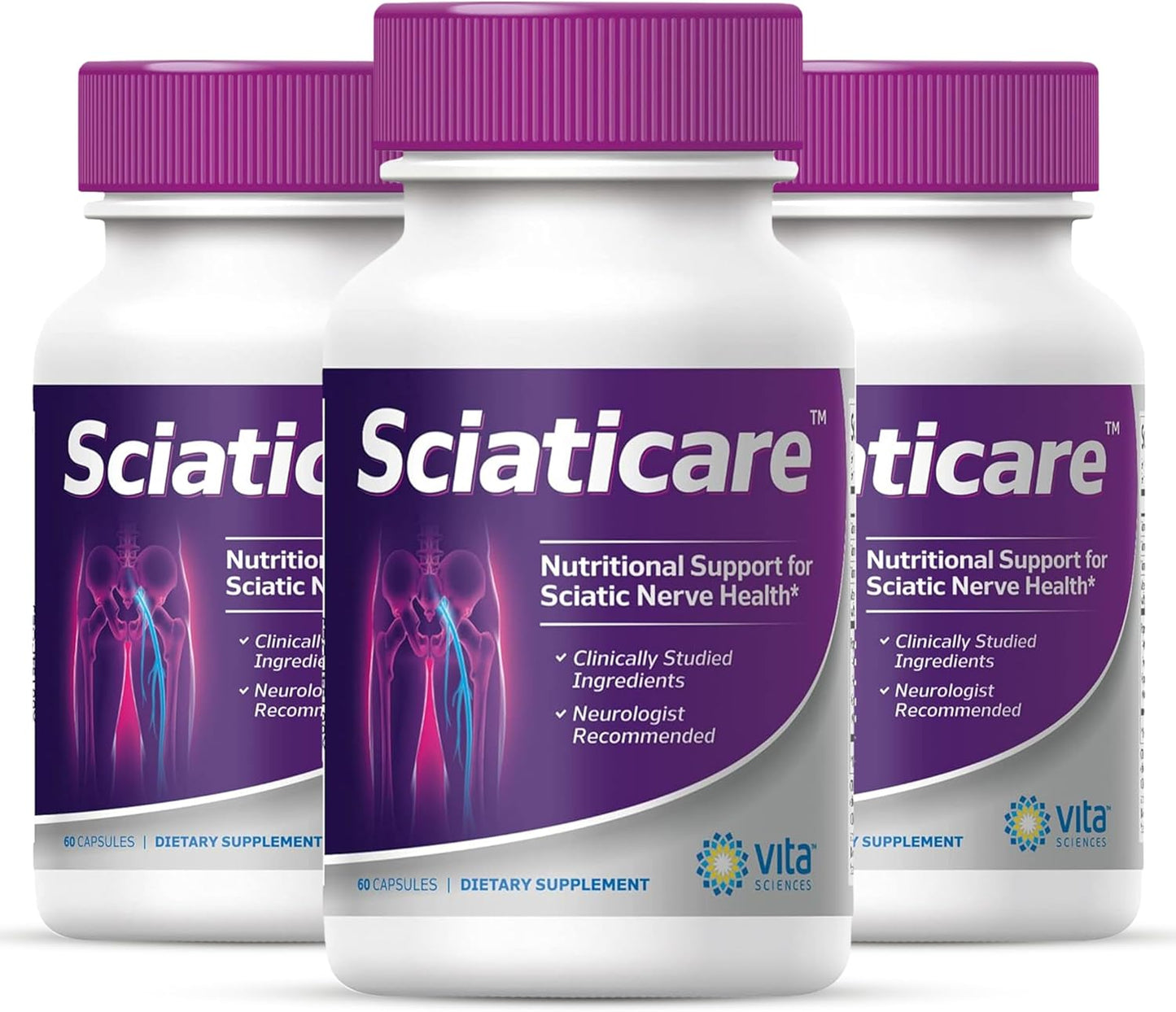 Sciaticare Nerve Soothing Supplement Vitamins with Natural R-ALA Form - 40X Strength for Lower Lumbar Pain - Pack of 3