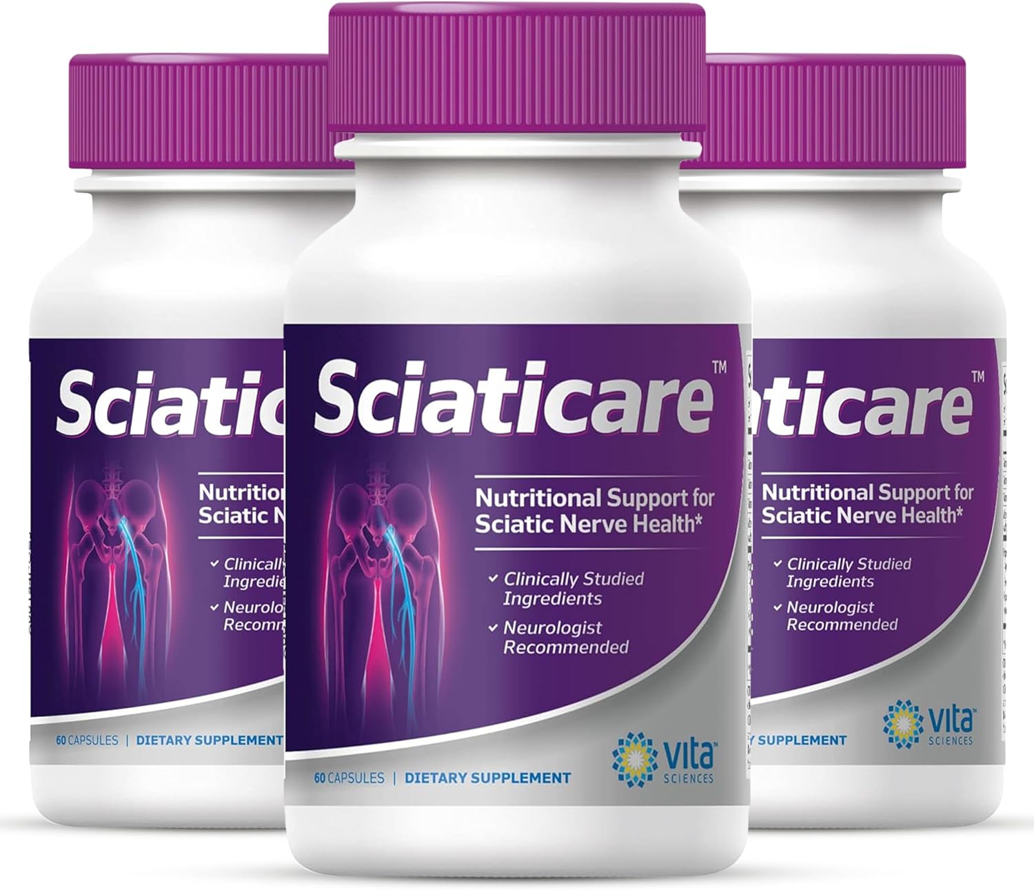 Sciaticare Nerve Soothing Supplement Vitamins with Natural R-ALA Form - 40X Strength for Lower Lumbar Pain - Pack of 3