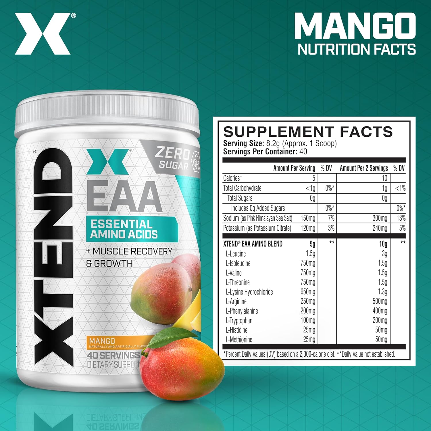 Scivation XTEND EAA + BCAA Powder for Muscle Recovery & Growth, Mango Flavor - 40 Servings