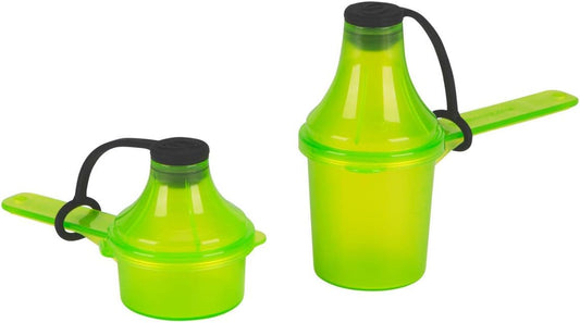Scoopie Supplement Container Pack of 2 Green with Spill-Proof Dispenser and Funnel System for Pre-Workout Powder - Gym Shaker Bottle Accessory