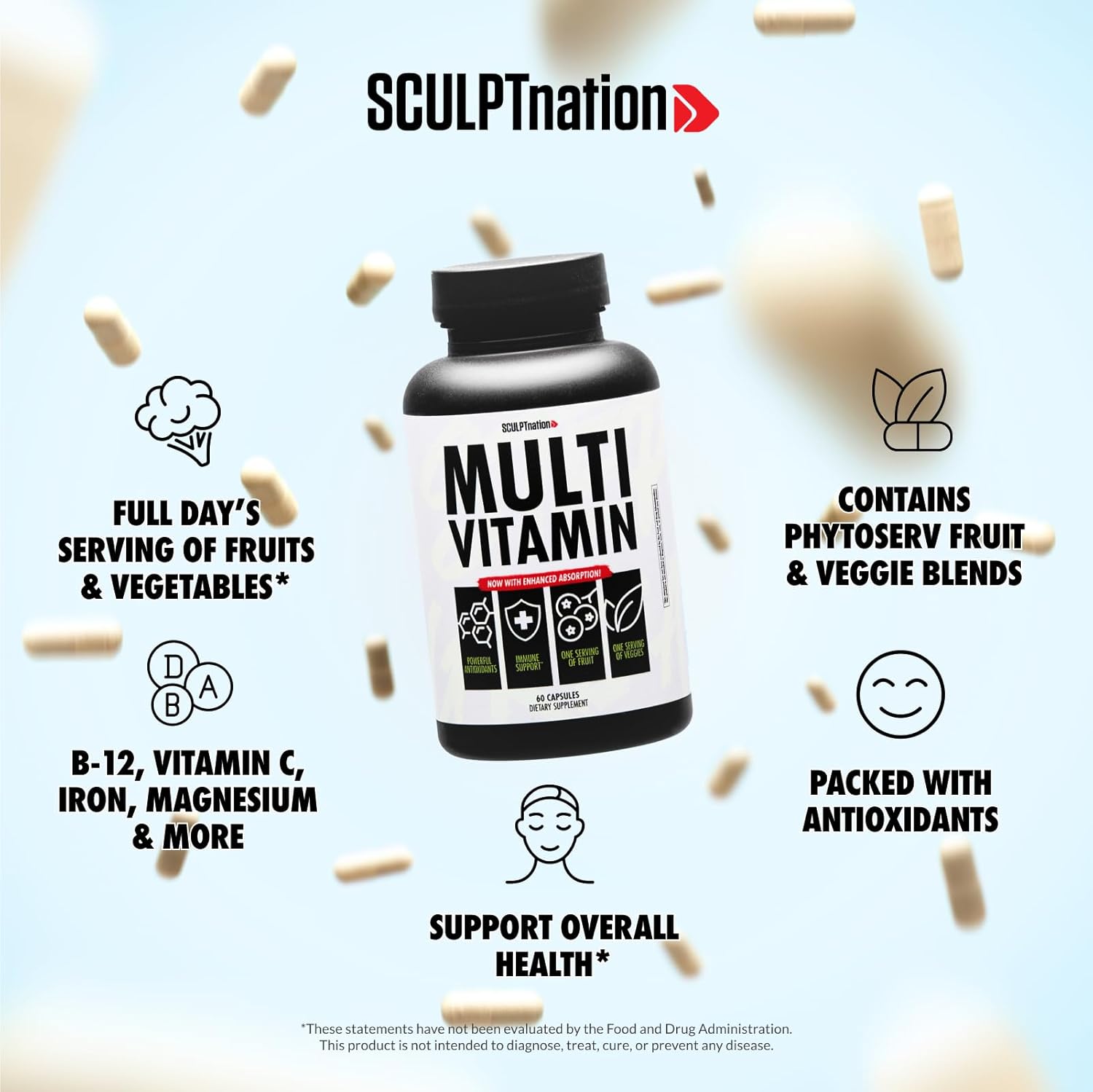 Sculpt Nation Daily Multivitamin for Women and Men - Zinc, Vitamin C, Copper - Nutritional Support for One Serving of Fruit and Veggies - 60 Capsules