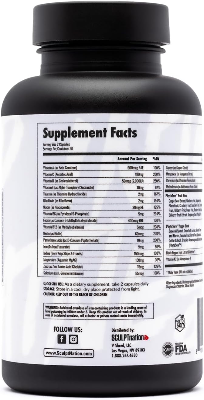 Sculpt Nation Daily Multivitamin for Women and Men - Zinc, Vitamin C, Copper - Nutritional Support for One Serving of Fruit and Veggies - 60 Capsules