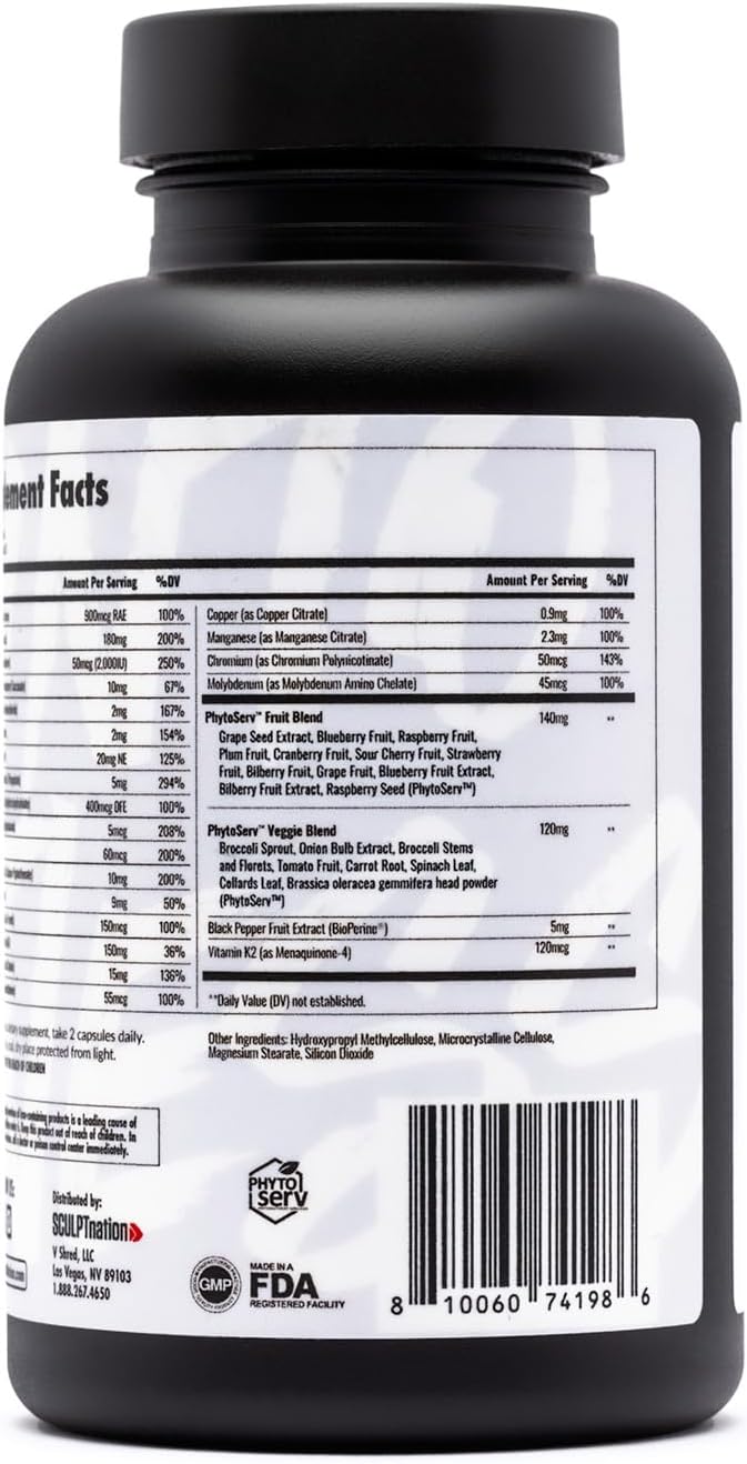 Sculpt Nation Daily Multivitamin for Women and Men - Zinc, Vitamin C, Copper - Nutritional Support for One Serving of Fruit and Veggies - 60 Capsules