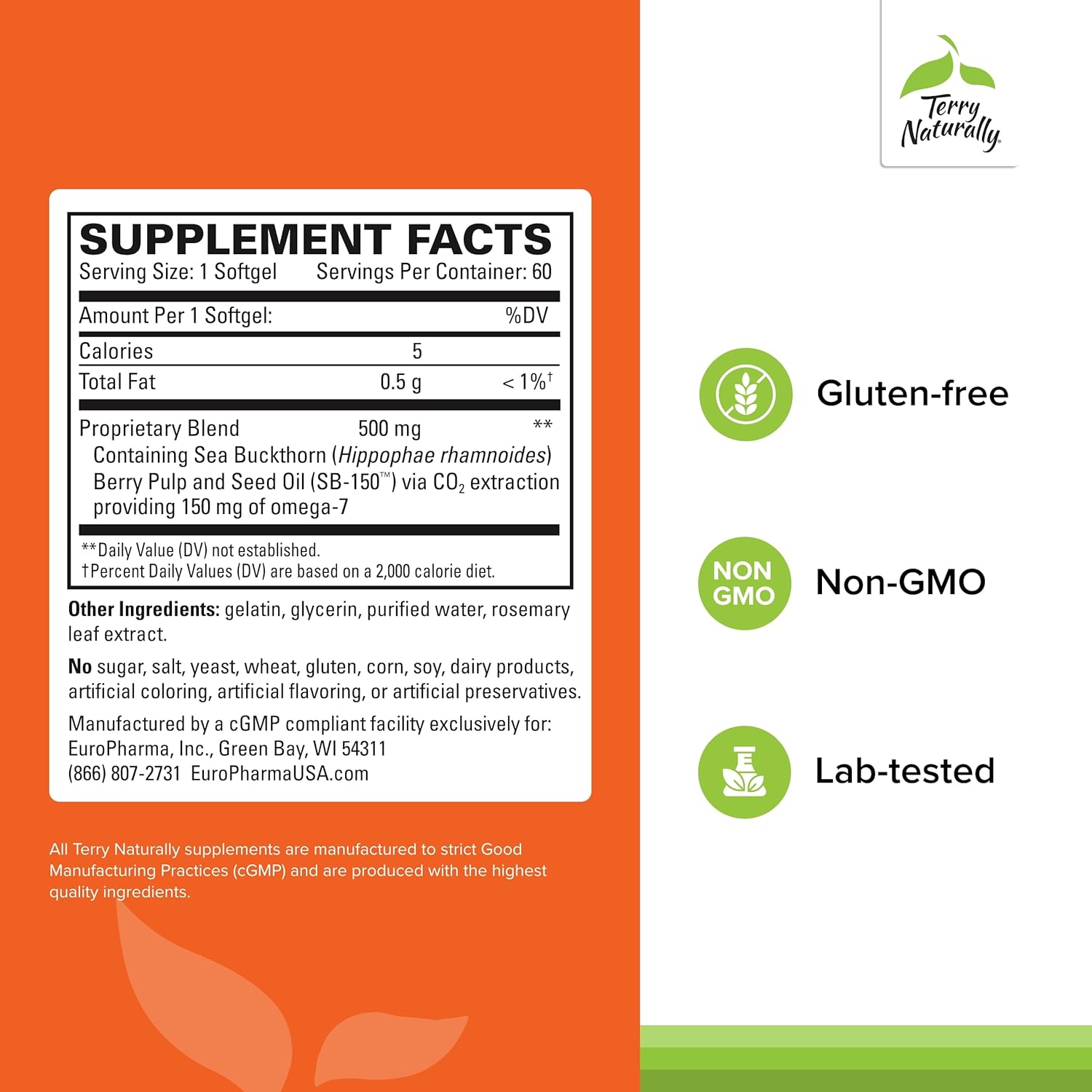 Sea Buckthorn Supplement with Omega-7 for Skin Moisturization - 60 Softgels, Non-GMO & Gluten Free - 60 Servings