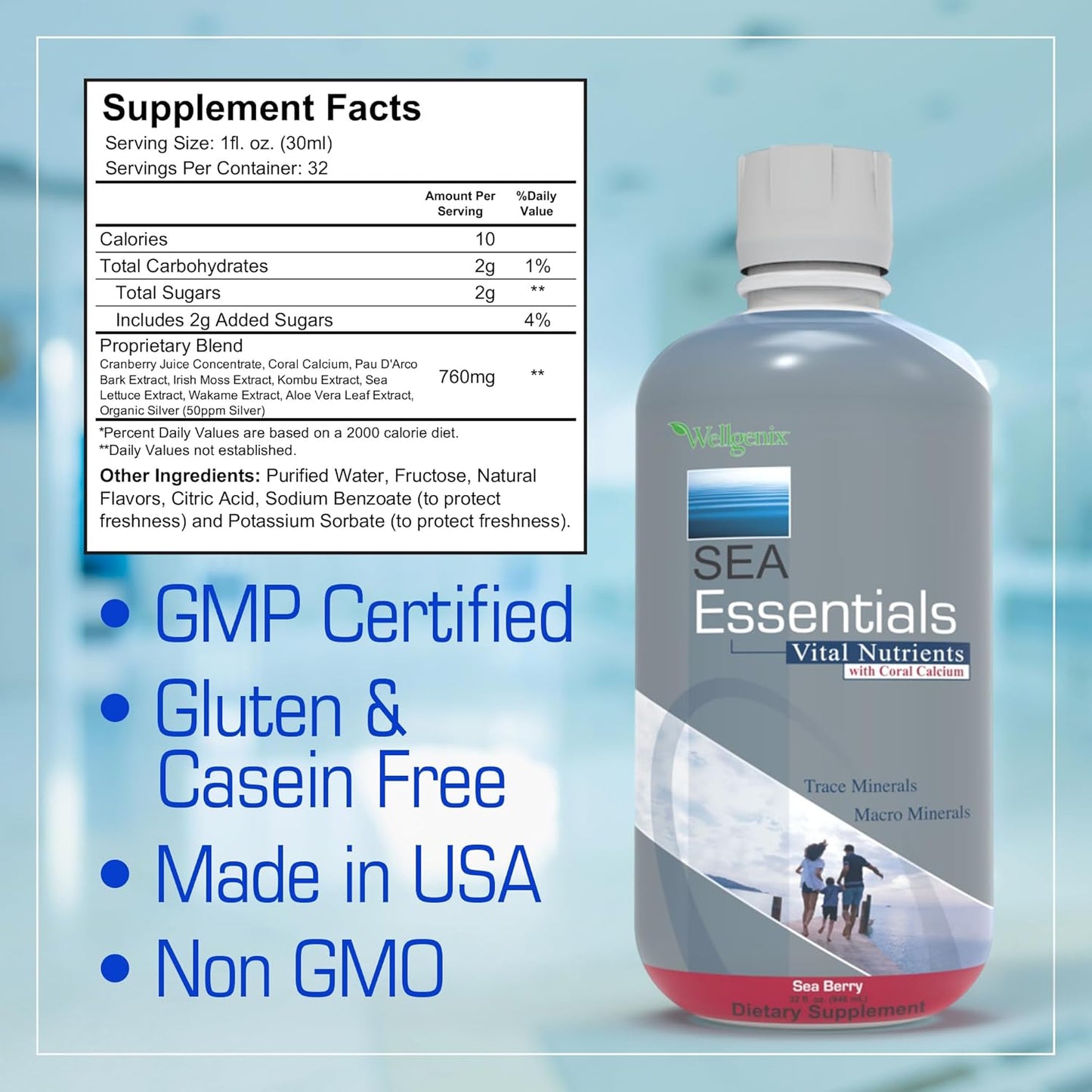 Sea Essentials Coral Calcium Liquid Multivitamin 32oz - Daily Nutritional Supplement for Adults & Kids - Sea Berry Flavor - Rich in Vital Nutrients & Minerals from Sea Vegetation