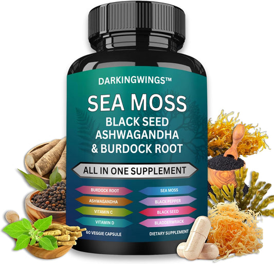 Sea Moss Advanced Formula with Black Seed Oil, Ashwagandha, Bladderwrack, Burdock, Vitamin C&D - 60 Capsules for Overall Health & Immunity Boost