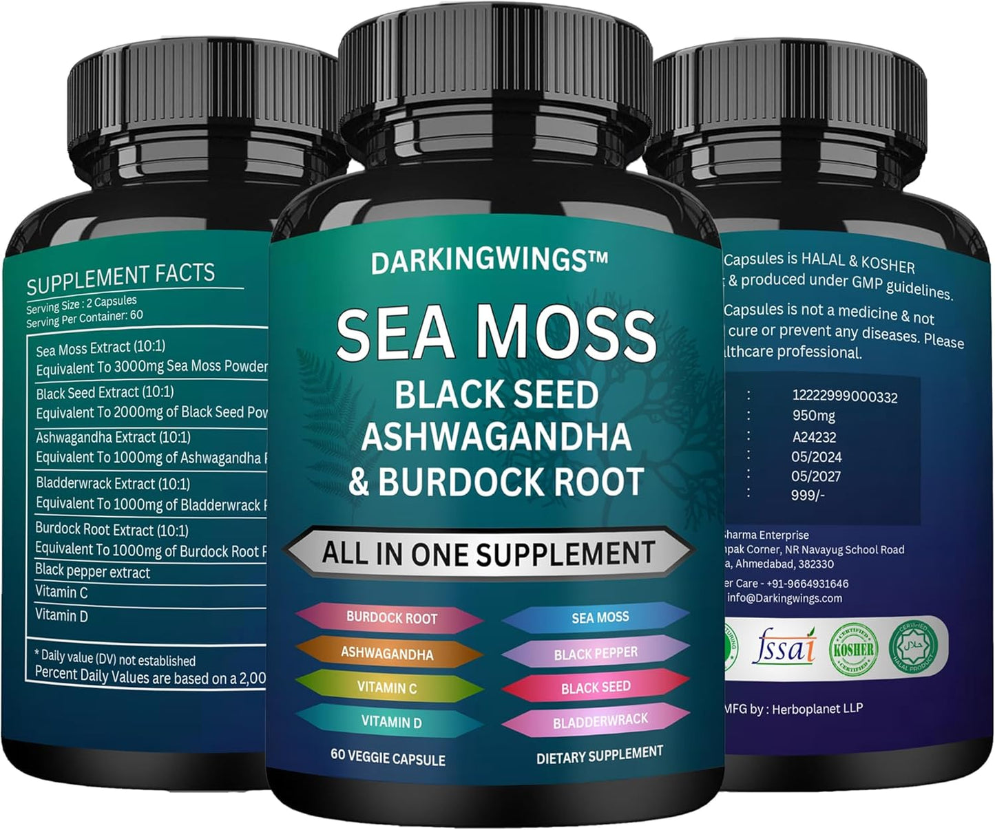 Sea Moss Advanced Formula with Black Seed Oil, Ashwagandha, Bladderwrack, Burdock, Vitamin C&D - 60 Capsules for Overall Health & Immunity Boost