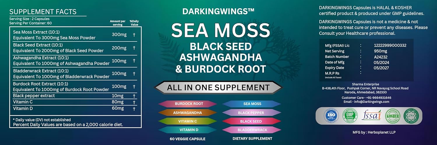 Sea Moss Advanced Formula with Black Seed Oil, Ashwagandha, Bladderwrack, Burdock, Vitamin C&D - 60 Capsules for Overall Health & Immunity Boost