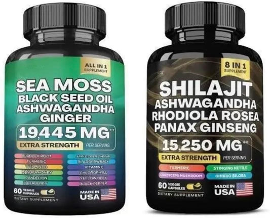 Sea Moss and Shilajit Supplement Bundle with Black Seed Oil, Ashwagandha, Ginger, Rhodiola Rosea, Panax Ginseng - 60 Count