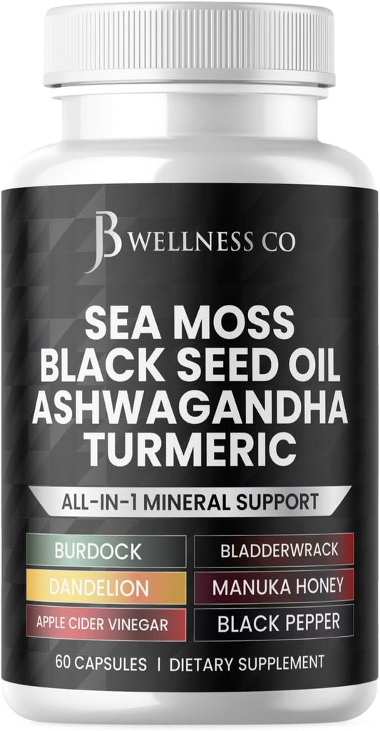 Sea Moss Black Seed Oil Ashwagandha Turmeric Bladderwrack Burdock Capsules with Manuka Honey Dandelion ACV Black Pepper - 60 Count Gluten Free Vegan Dietary Supplement