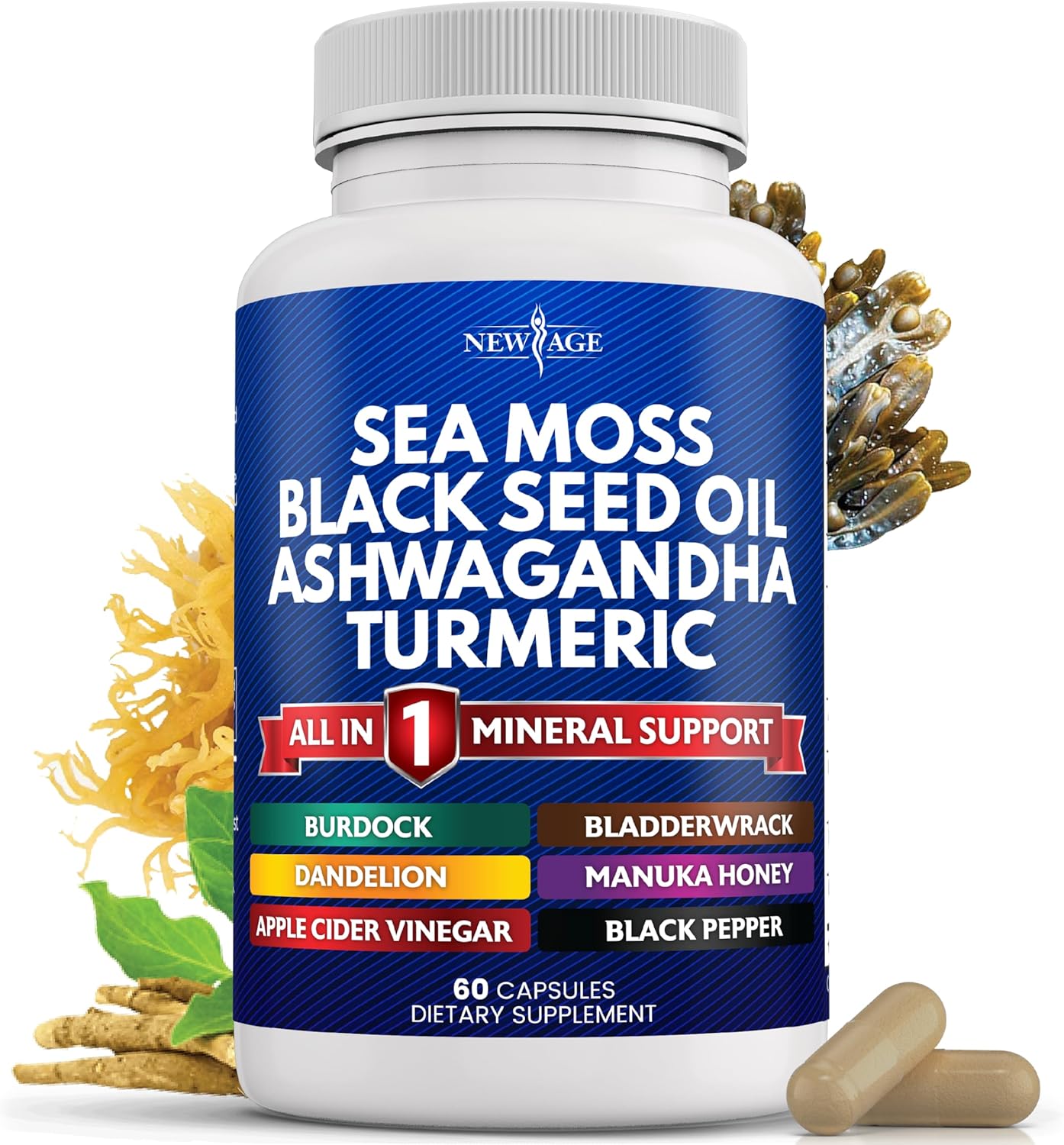 Sea Moss Black Seed Oil Ashwagandha Turmeric Bladderwrack Burdock Supplement with Manuka Honey Dandelion ACV Black Pepper - Gluten Free