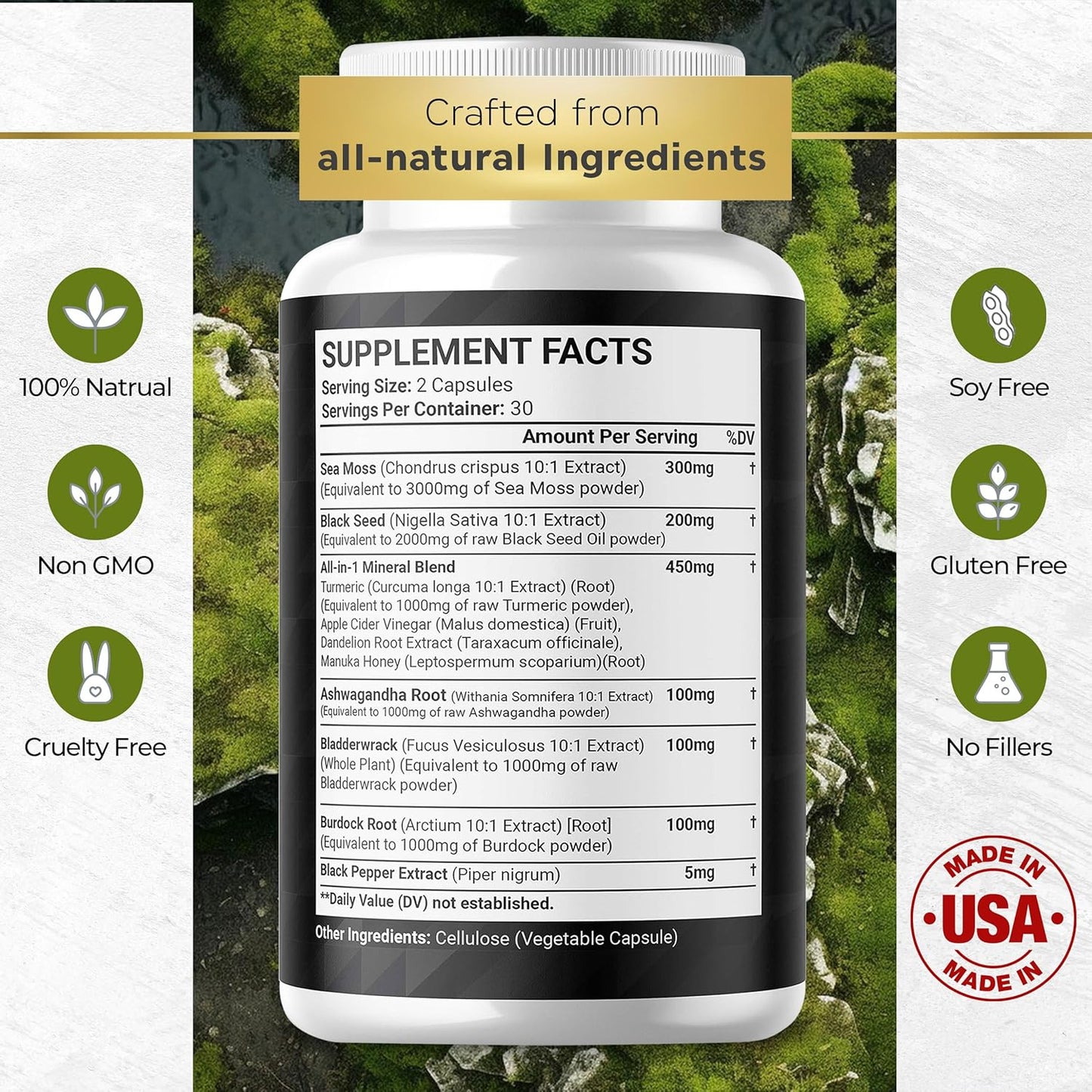 Sea Moss Black Seed Oil Ashwagandha Turmeric Bladderwrack Burdock Capsules with Manuka Honey Dandelion ACV Black Pepper - 60 Count Gluten Free Vegan Dietary Supplement