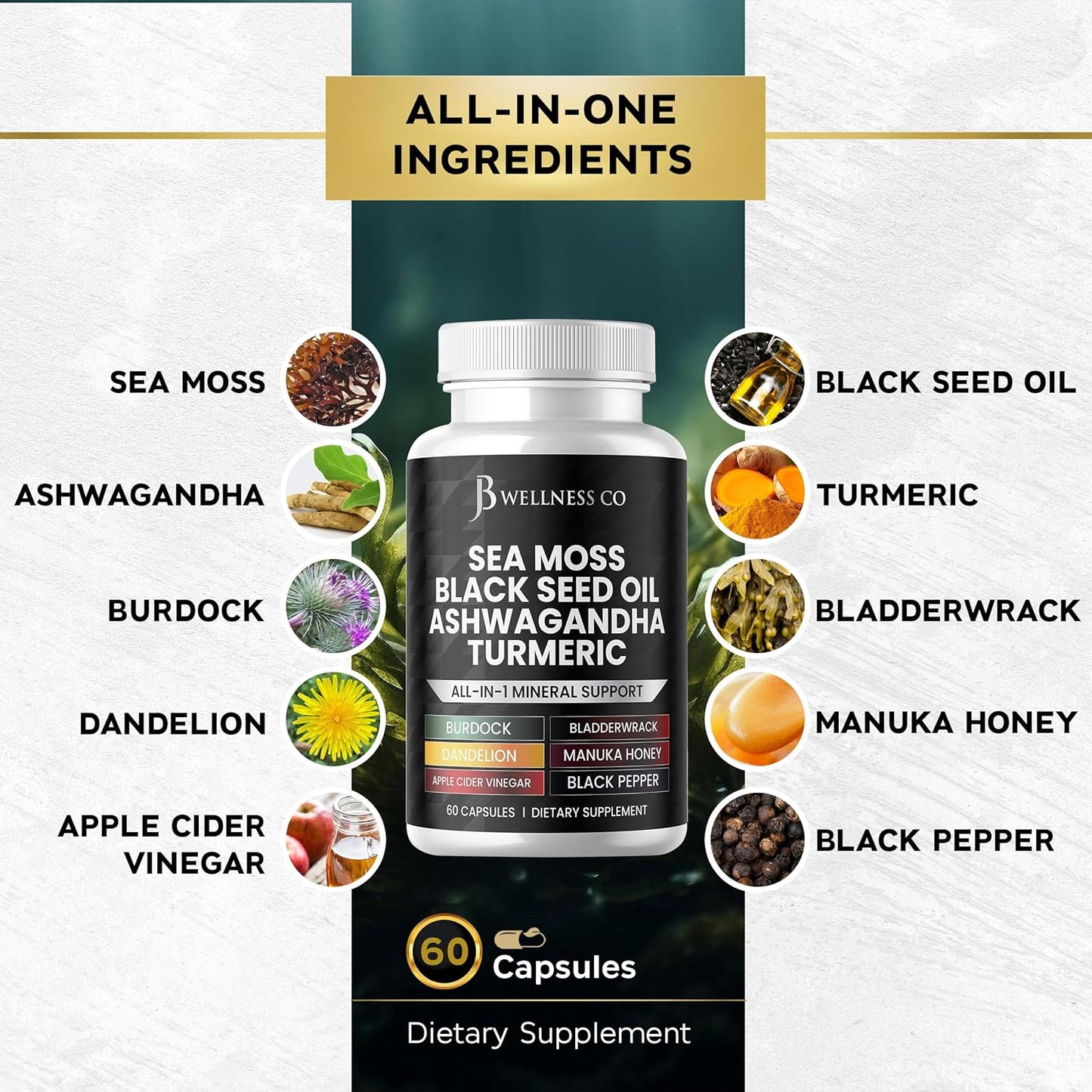 Sea Moss Black Seed Oil Ashwagandha Turmeric Bladderwrack Burdock Capsules with Manuka Honey Dandelion ACV Black Pepper - 60 Count Gluten Free Vegan Dietary Supplement