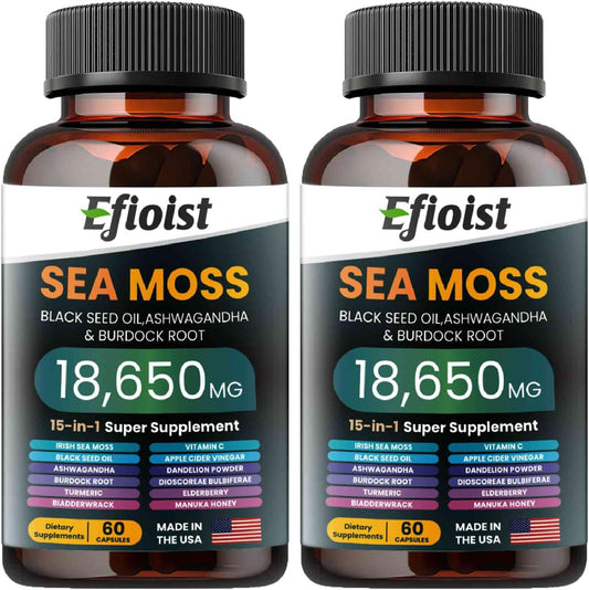 Sea Moss Black Seed Oil Supplement with Ashwagandha, Burdock Root, Turmeric, Bladderwrack, Chlorophyll & ACV - 120 Count