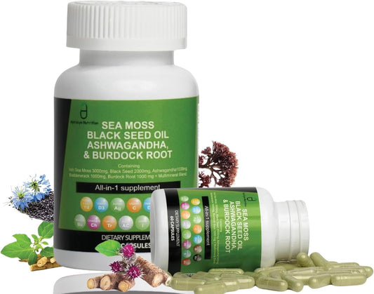 Sea Moss Capsules with Black Seed Oil, Ashwagandha, Burdock Root - 60 Capsules, Irish Sea Moss Supplement with Vitamin C, D3, Manuka & Dandelion - Multi Minerals Supplement by Apriskye Nutrition