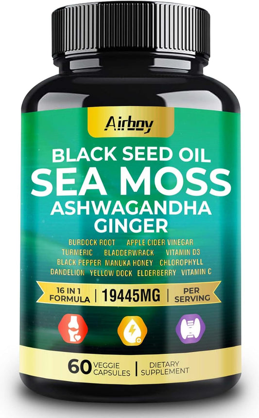 Sea Moss Capsules with Black Seed Oil, Ashwagandha, Turmeric, Bladderwrack, Burdock, Ginger, Vitamin C, D3, Elderberry, Manuka, Dandelion, Yellow Dock, Chlorophyll - Men & Women