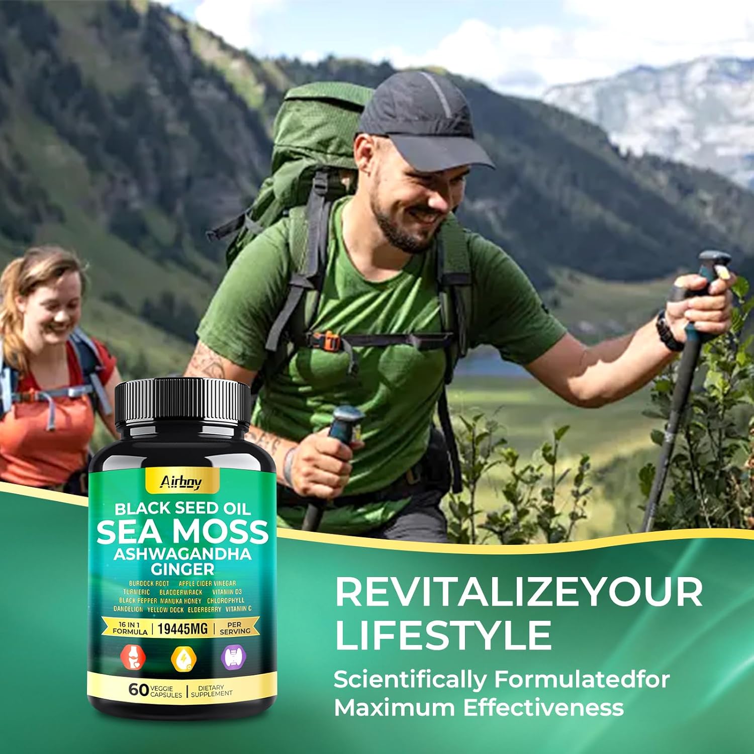 Sea Moss Capsules with Black Seed Oil, Ashwagandha, Turmeric, Bladderwrack, Burdock, Ginger, Vitamin C, D3, Elderberry, Manuka, Dandelion, Yellow Dock, Chlorophyll - Men & Women