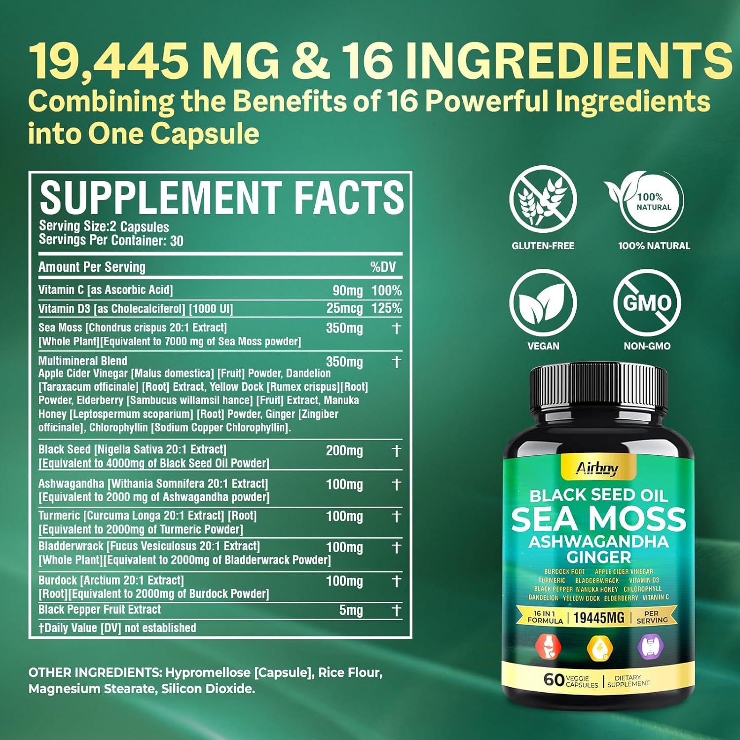 Sea Moss Capsules with Black Seed Oil, Ashwagandha, Turmeric, Bladderwrack, Burdock, Ginger, Vitamin C, D3, Elderberry, Manuka, Dandelion, Yellow Dock, Chlorophyll - Men & Women