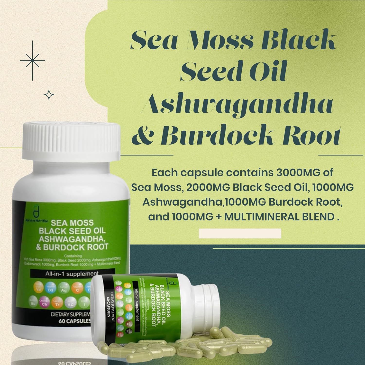 Sea Moss Capsules with Black Seed Oil, Ashwagandha, Burdock Root - 60 Capsules, Irish Sea Moss Supplement with Vitamin C, D3, Manuka & Dandelion - Multi Minerals Supplement by Apriskye Nutrition