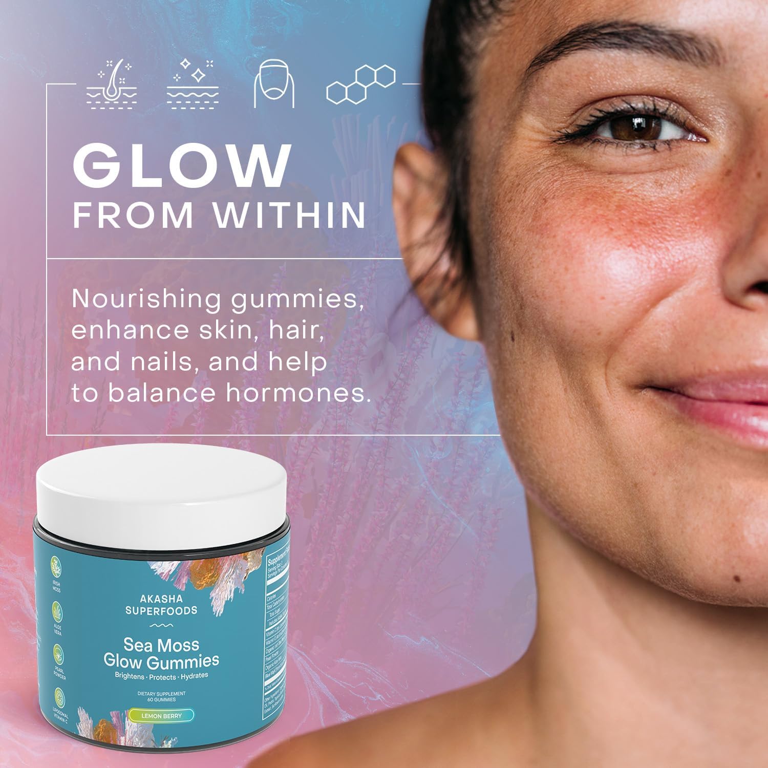 Sea Moss Glow Gummies with Hair Skin and Nails Vitamins - 60 Count for Women & Men