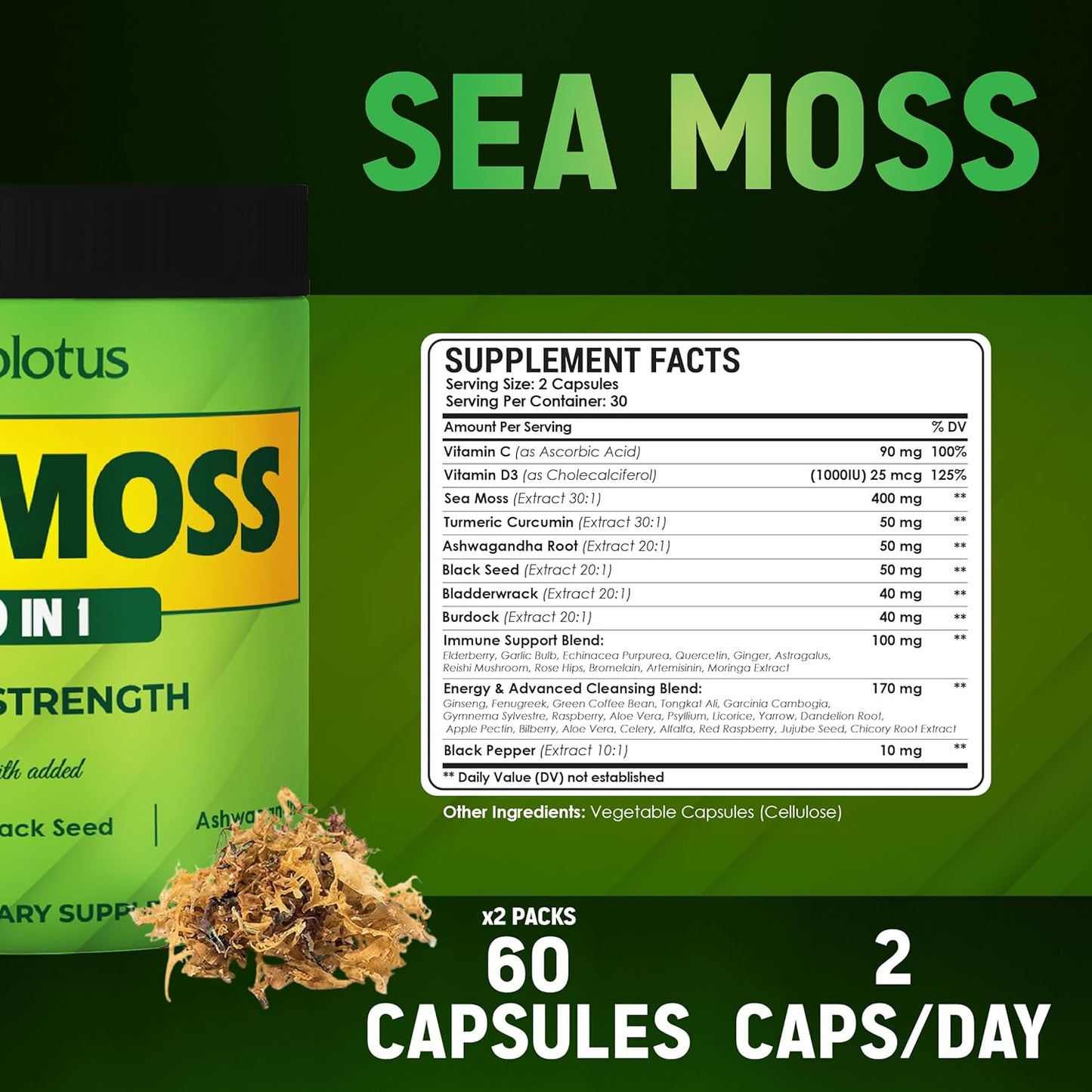 Sea Moss Supplement 40 in 1 with Turmeric, Ashwagandha, Bladderwrack (2 Packs of 60 Capsules) for Immune System and Heart Health