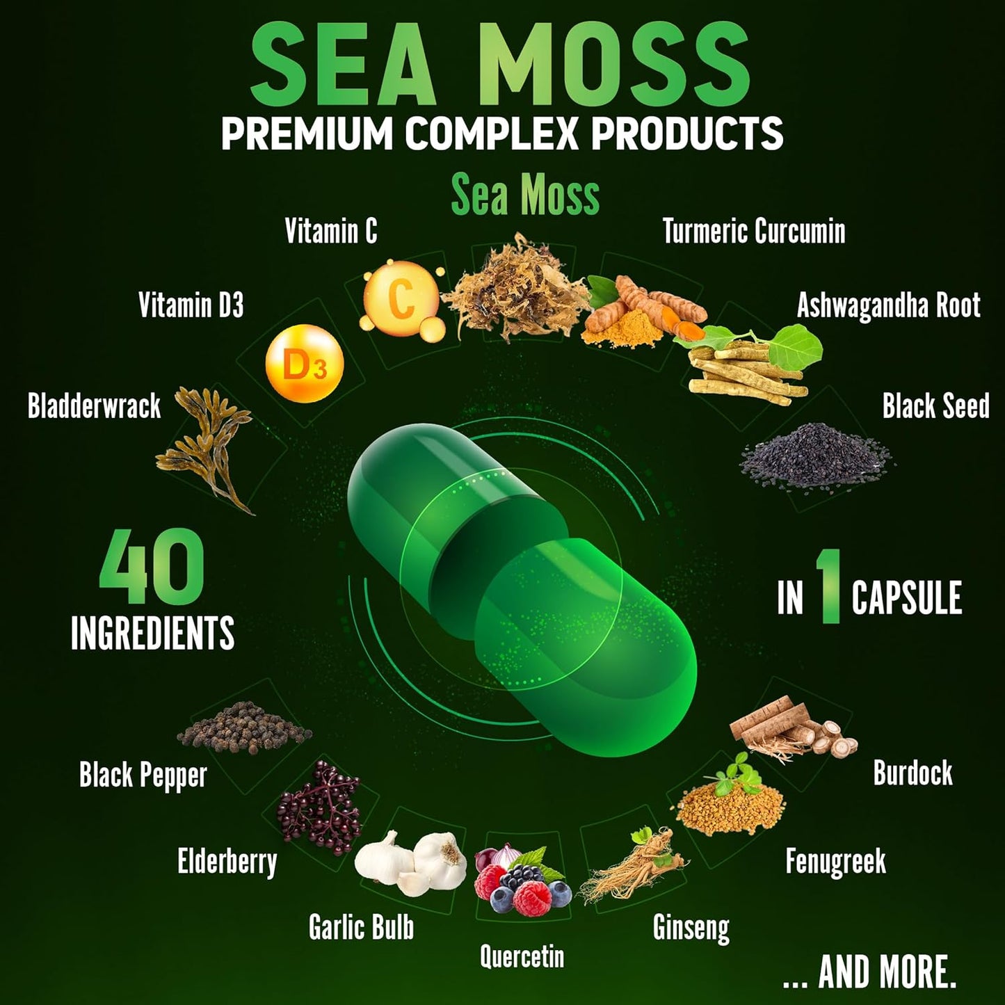 Sea Moss Supplement 40 in 1 with Turmeric, Ashwagandha, Bladderwrack (2 Packs of 60 Capsules) for Immune System and Heart Health