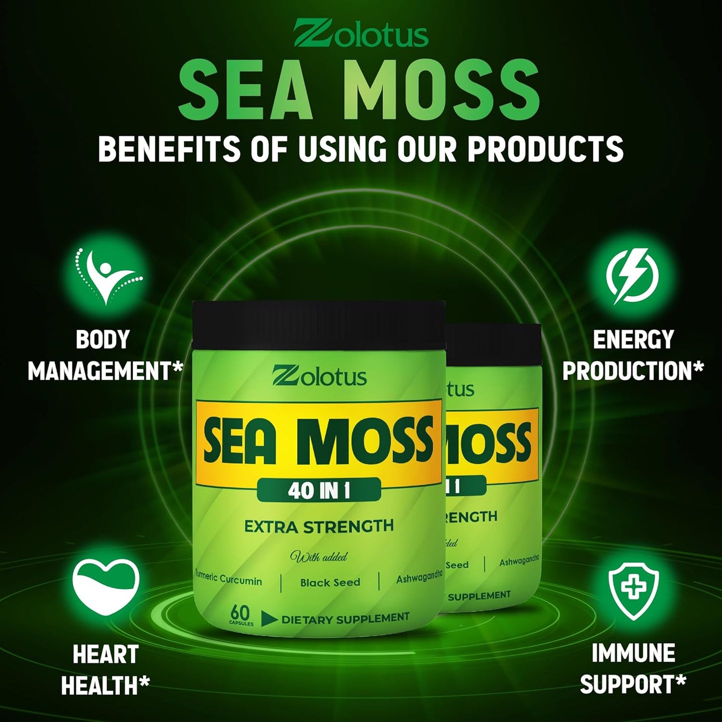 Sea Moss Supplement 40 in 1 with Turmeric, Ashwagandha, Bladderwrack (2 Packs of 60 Capsules) for Immune System and Heart Health