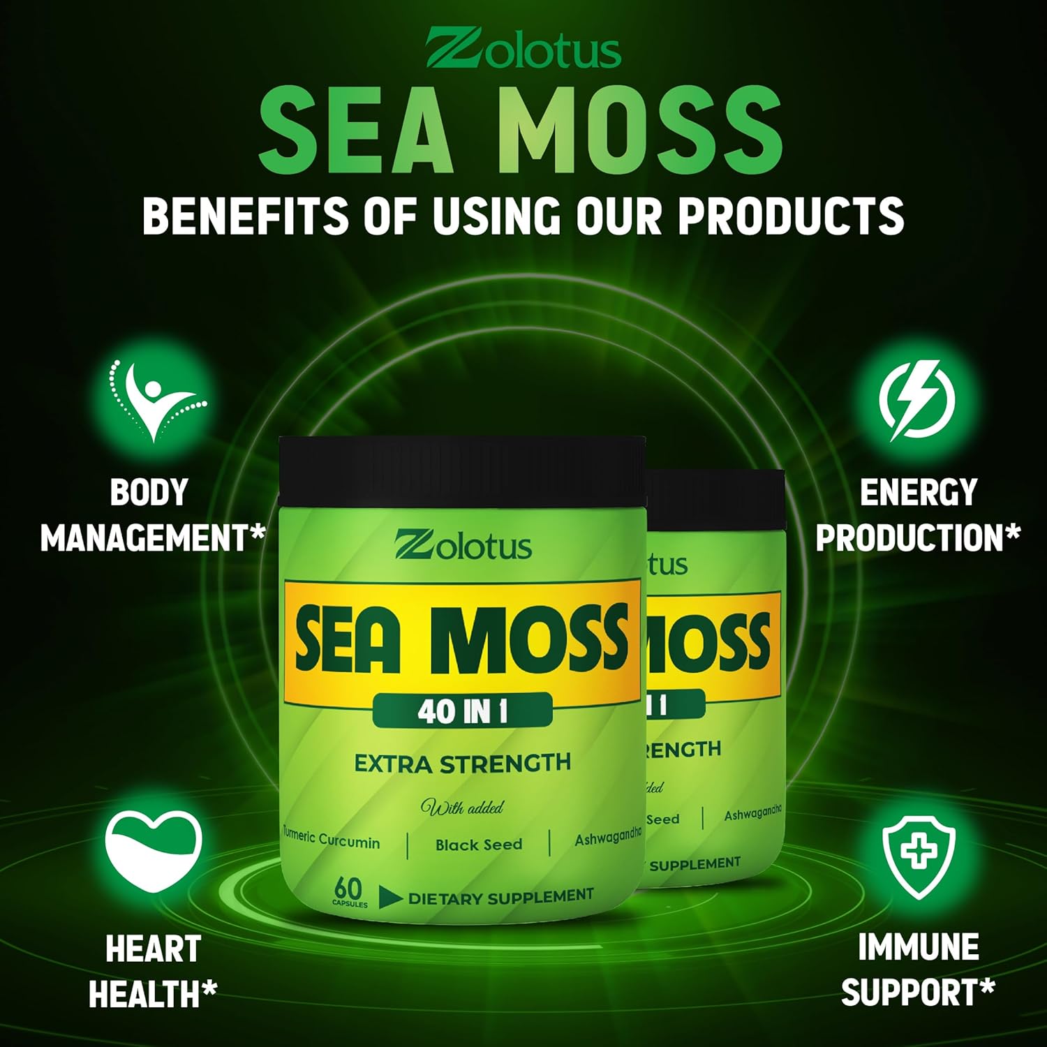 Sea Moss Supplement 40 in 1 with Turmeric, Ashwagandha, Bladderwrack (2 Packs of 60 Capsules) for Immune System and Heart Health
