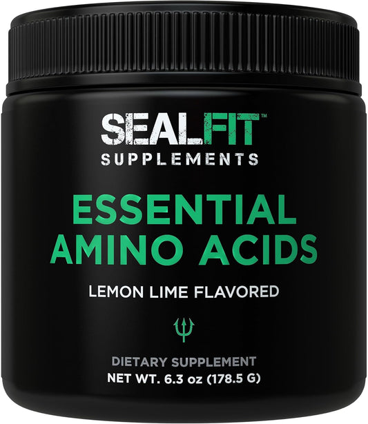 SEALFIT Essential Amino Acids Powder - Pre, During, Post Workout Supplement for Energy, Muscle Growth, Recovery - Lemon Lime Flavor - Men & Women - EAAs, BCAAs