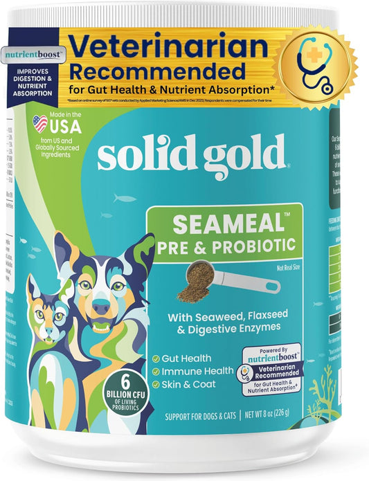 SeaMeal Cat and Dog Probiotic Supplement with Prebiotics and Enzymes for Digestive Health, Skin, Coat, and Immune Support - 8 Ounce Pack