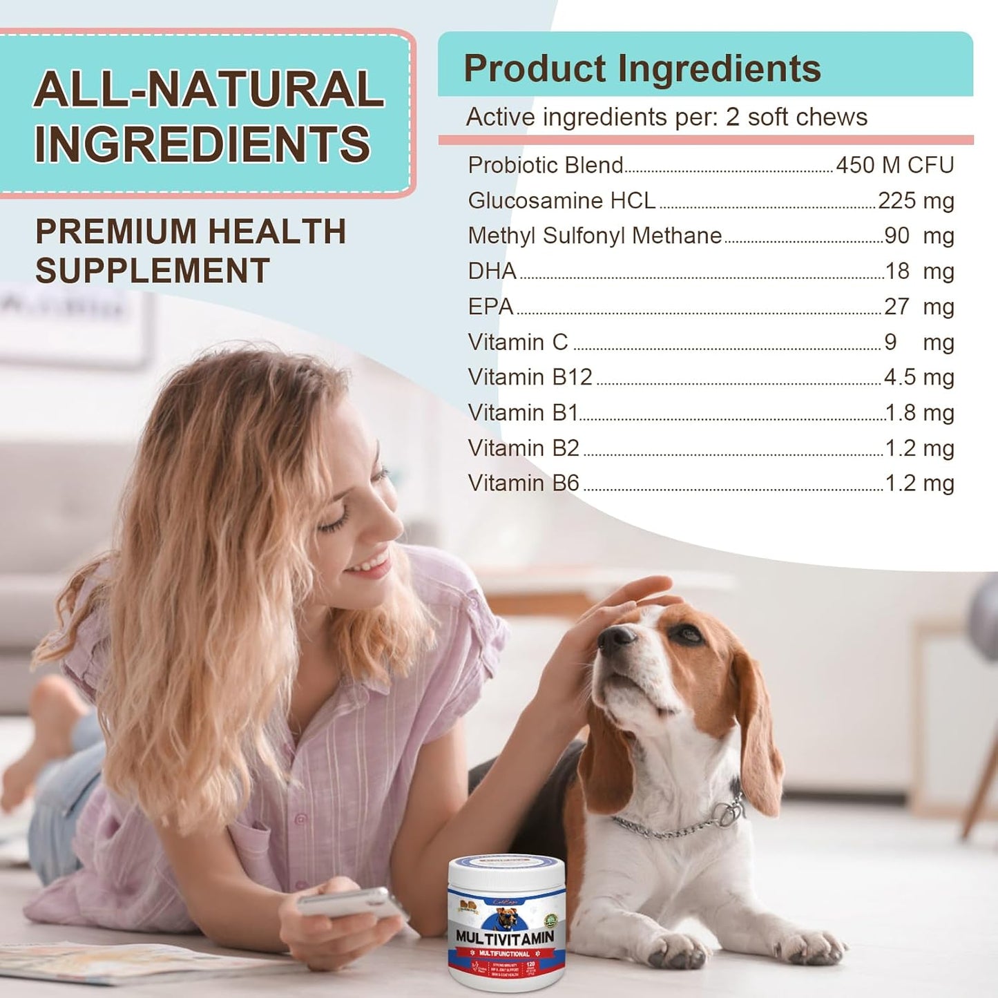Senior and Puppy Dog Multivitamin Supplement with Glucosamine, Probiotics, and Omegas 3 - Supports Immune, Digestive, Joint, Skin, and Coat Health - 10 in 1 Formula