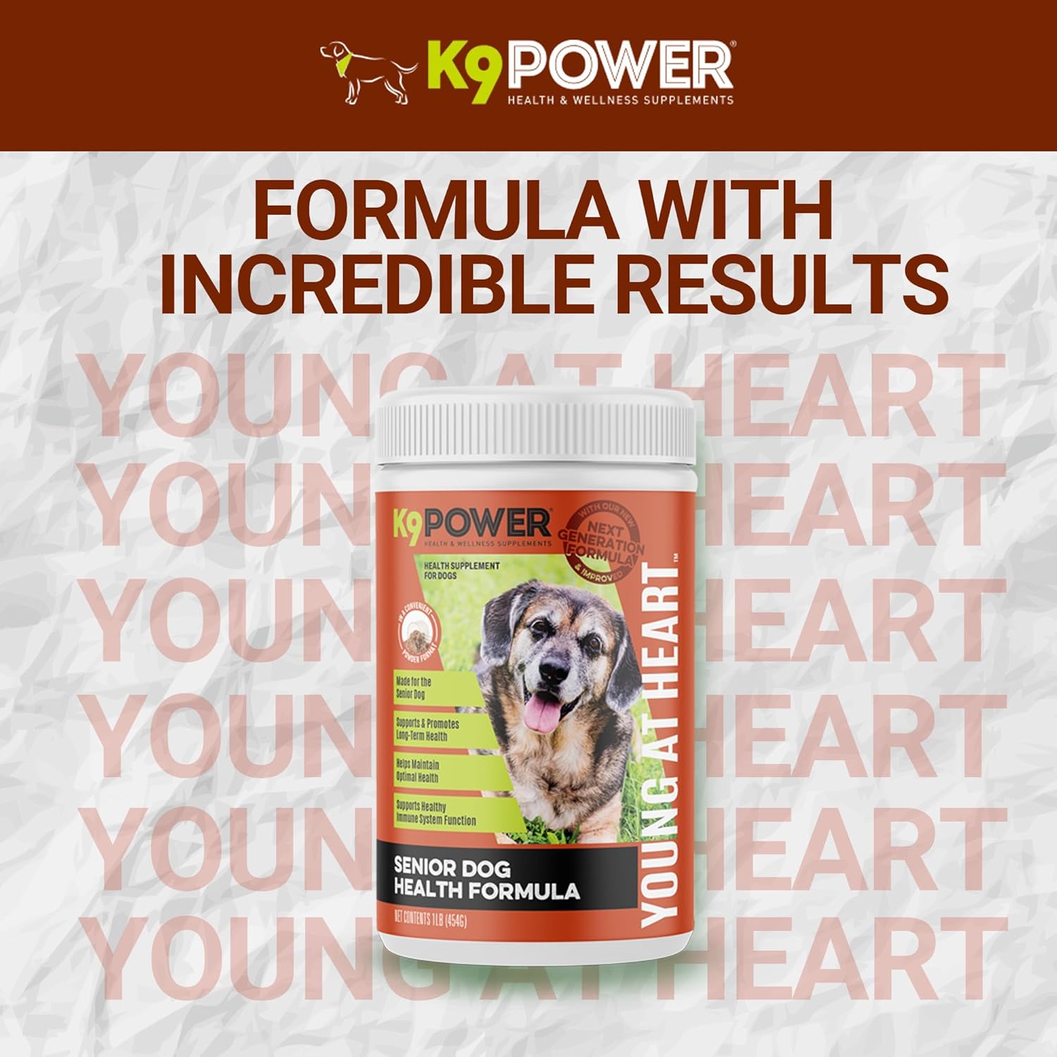 Senior Dog Multivitamin 1 lb - Advanced Supplement for Brain, Heart, Vision, Joint Health, and Mobility - K9 Power Young at Heart