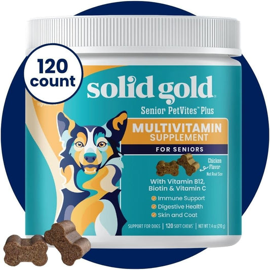 Senior Dog Multivitamin Chewable Supplement - PetVites Solid Gold Dog Vitamins with Vitamin C, A, B12, E, Probiotics, & Antioxidants for Immune & Digestive Health (120 Count)