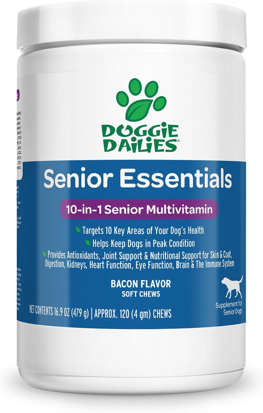 Senior Dog Multivitamin Soft Chews for Joints, Skin & Coat | Bacon Flavor | 120 Count