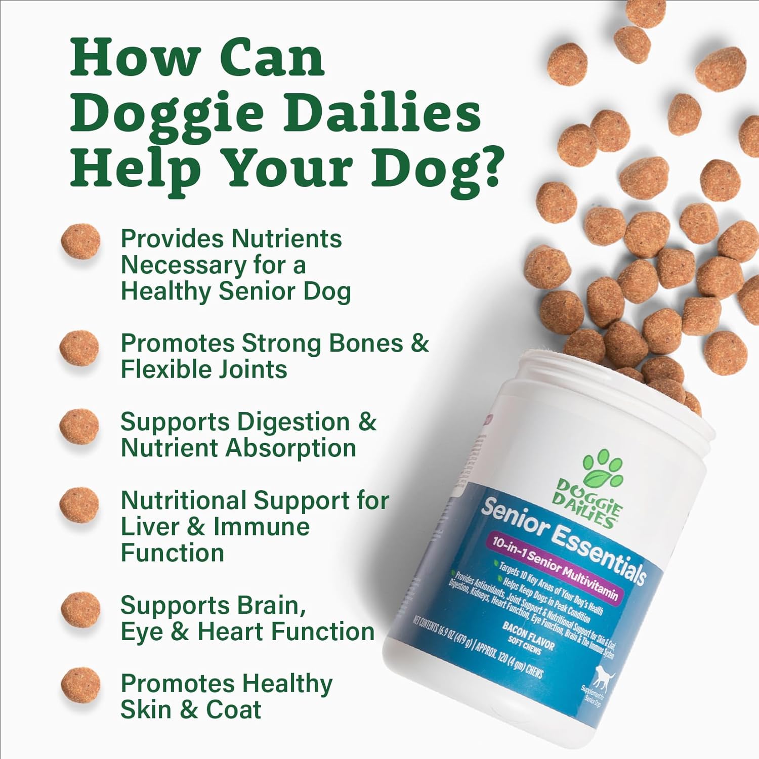 Senior Dog Multivitamin Soft Chews for Joints, Skin & Coat | Bacon Flavor | 120 Count