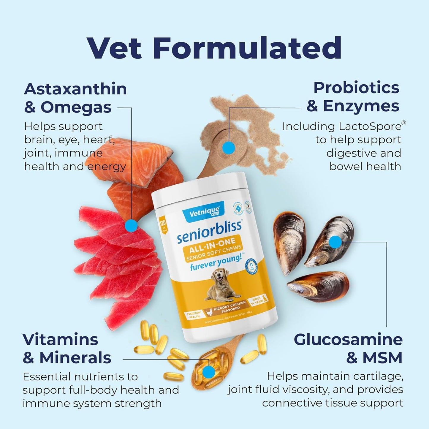 Senior Dog Multivitamin with Glucosamine, Omega 3 Fish Oil & Probiotics - All-in-One Support for Joints, Digestion, Immunity (120 Ct)