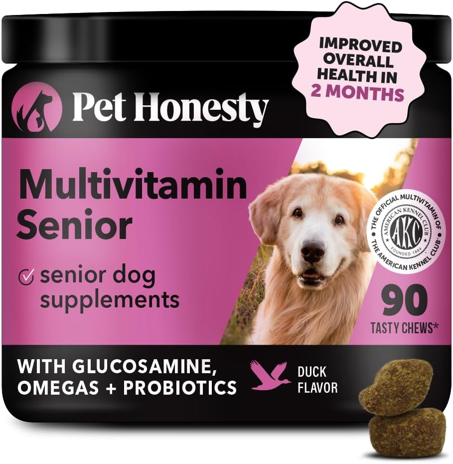 Senior Dog Multivitamin with Glucosamine, Probiotics, and Omega Fish Oil - Essential Health Supplements for Dogs - Duck Flavored Chewables - 90 Count