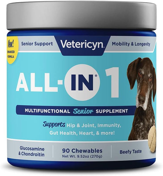 Senior Dog Supplement with Digestive Enzymes, Glucosamine, Chondroitin, Vitamins, Antioxidants, Prebiotics, Probiotics, and Omegas - 90 Count
