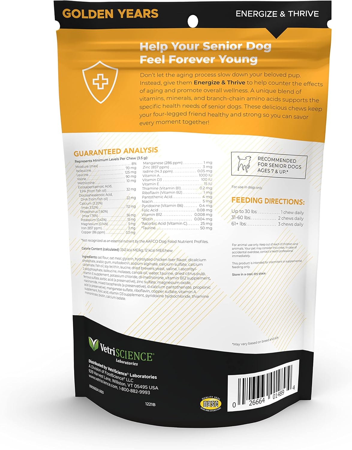 Senior Dogs Daily Multivitamin with BCAAs for Energy and Vitality, Chicken Flavor, 60 Chews by VetriScience