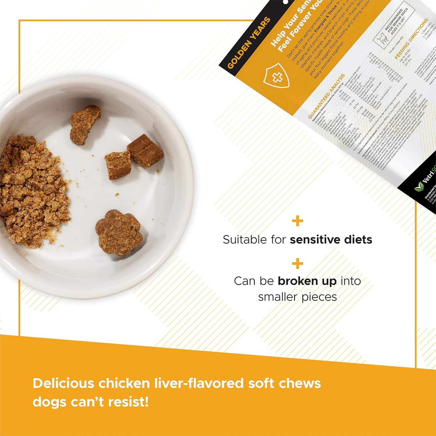 Senior Dogs Daily Multivitamin with BCAAs for Energy and Vitality, Chicken Flavor, 60 Chews by VetriScience