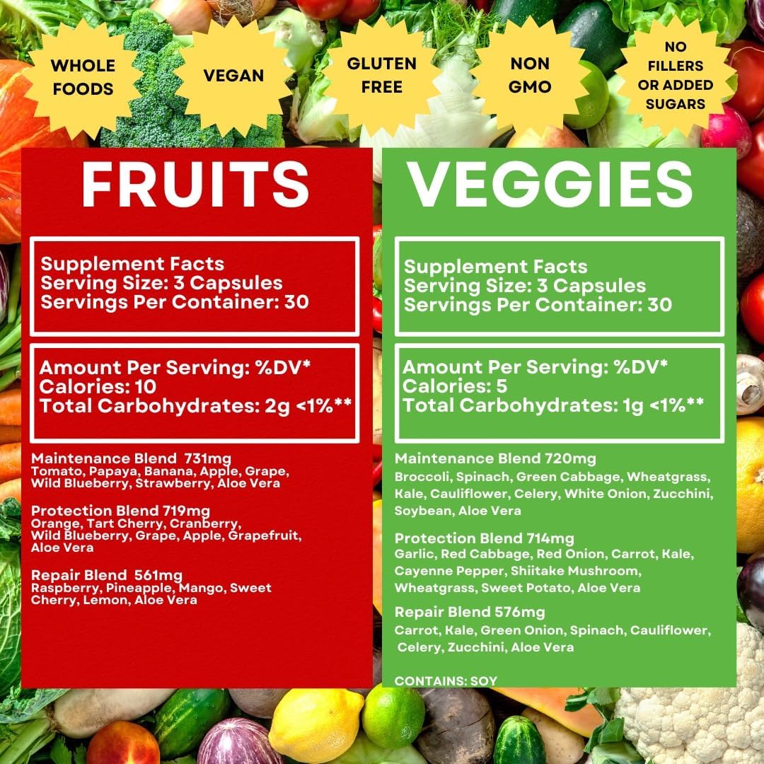 Senior Fruit & Veggie Whole Food Supplement for Men and Women - 90 Fruit Capsules & 90 Veggie Capsules - Enhanced Absorption Formula for Seniors
