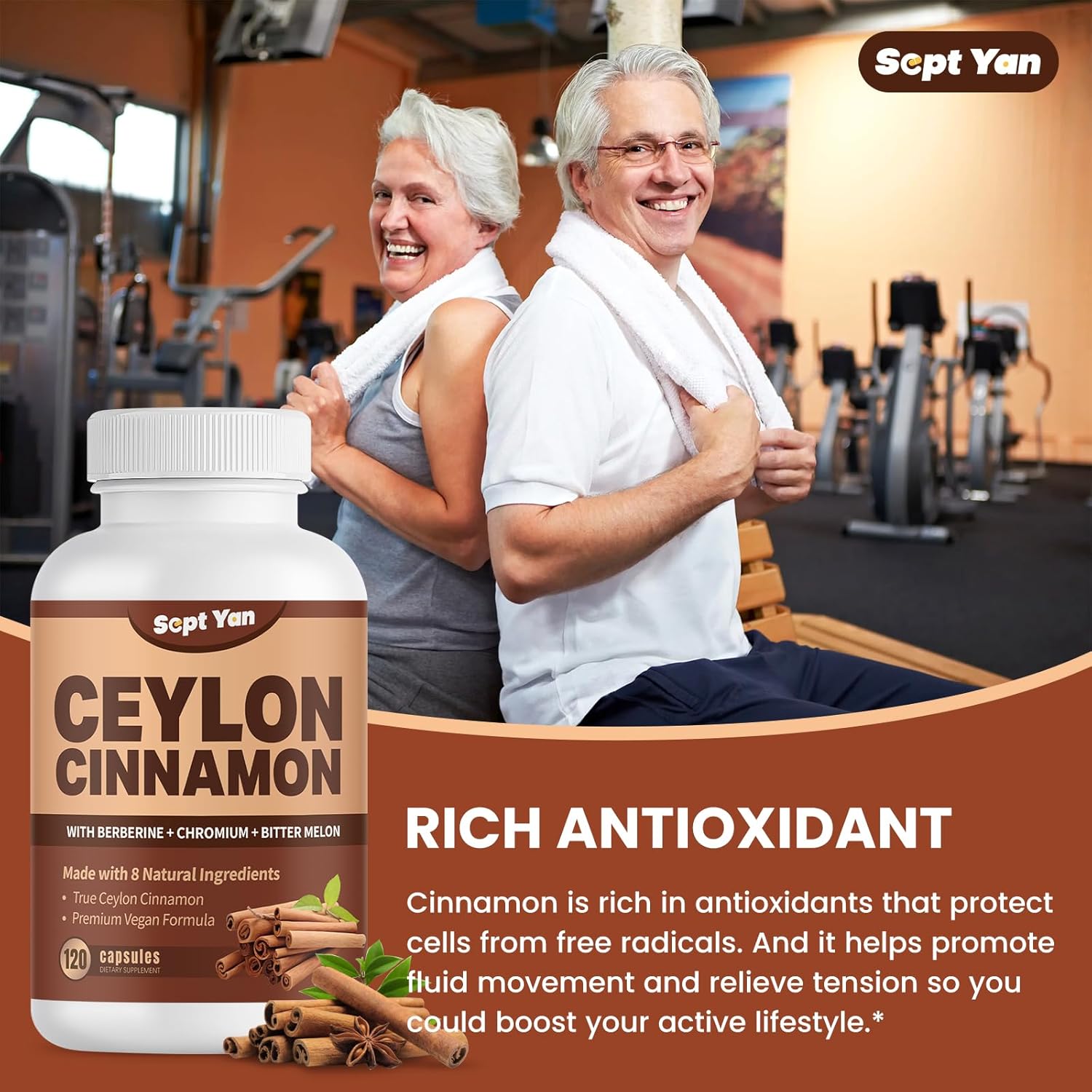 SEPT YAN Ceylon Cinnamon Capsules 1200mg with Chromium, Berberine, Turmeric - 120 Vegan Capsules for Energy, Metabolism, Heart & Immune Support